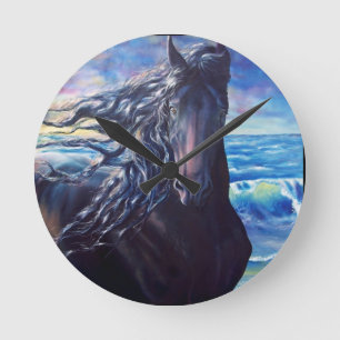 Friesian horse black stallion at ocean throw pillo round clock