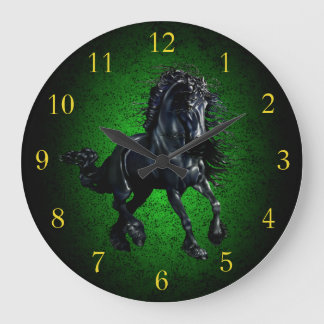 Friesian horse/black stallion beauty green granite large clock