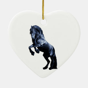 Friesian horse, black stallion, red heart ceramic tree decoration