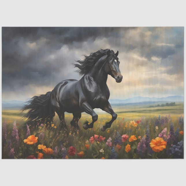 Friesian Horse Galloping Wildflowers Decoupage Tissue Paper (Front)