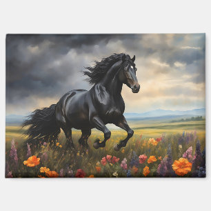 Friesian Horse Galloping Wildflowers Magnet