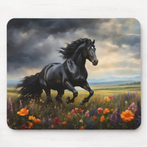 Friesian Horse Galloping Wildflowers Mouse Pad
