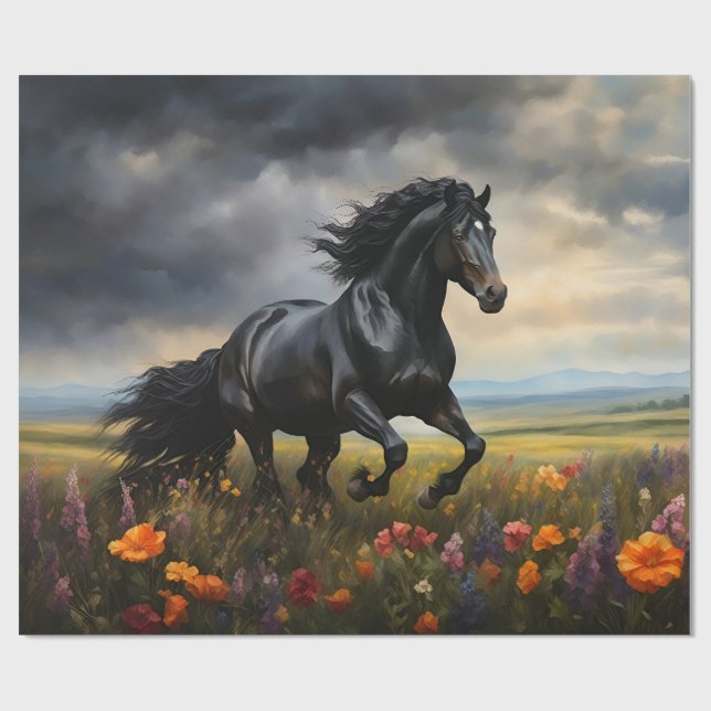 Friesian Horse Galloping Wildflowers Wrapping Paper (Flat)