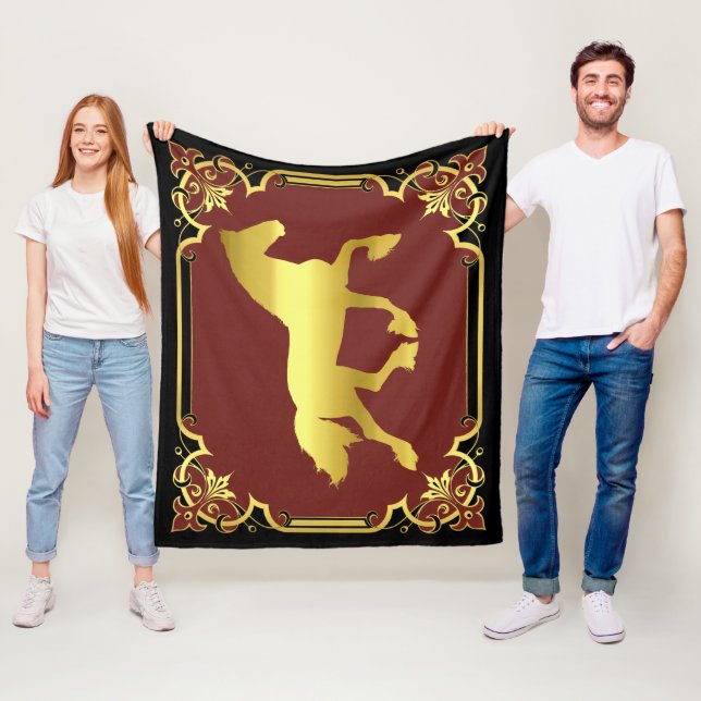 Friesian horse,  silhouette/gold/black/red fleece blanket (In Situ)