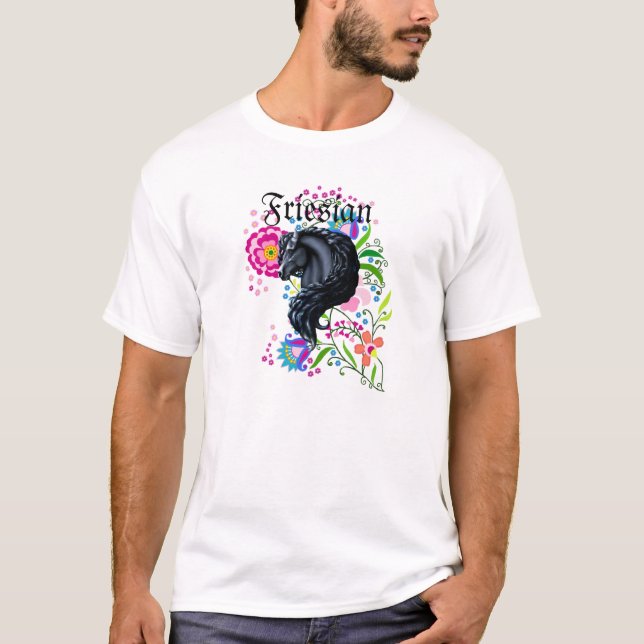 Friesian horse, stallion, folk flowers T-Shirt (Front)