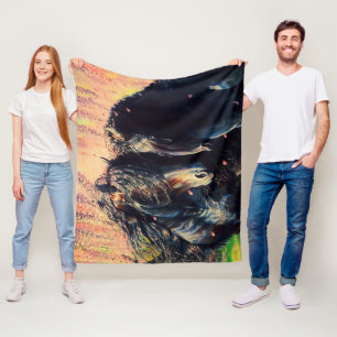 Friesian horses, black stallion/mare, Wisteria Fleece Blanket