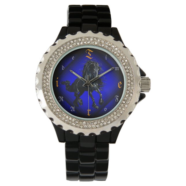 Friesian stallion black horse, time for a ride watch (Front)