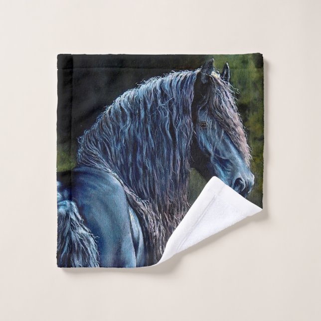 Friesian stallion horse in spotlight, painting   b bath towel set (Wash Cloth)