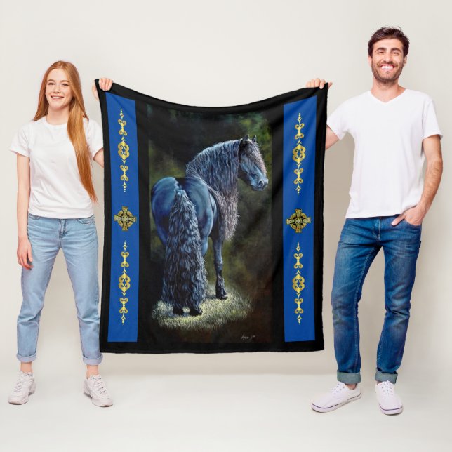 Friesian stallion horse in spotlight, painting fleece blanket (In Situ)