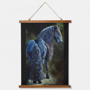 Friesian stallion horse in spotlight, painting hanging tapestry