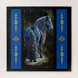 Friesian stallion horse in spotlight, painting jigsaw puzzle