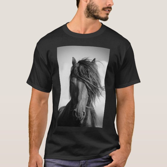 Friesian stallion in the wind. T-Shirt (Front)