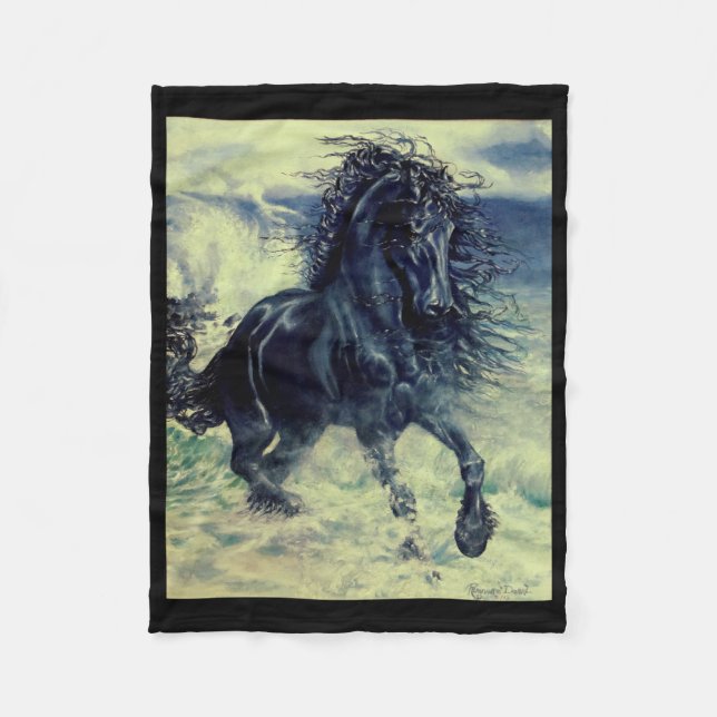 Friesian, The black beauty stallion, stormy sea Fleece Blanket (Front)