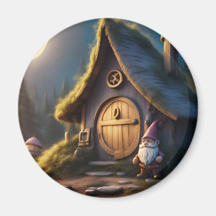 Frig magnet 2”+ has a whimsical gnome cabin design