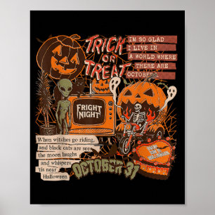 Fright Night Halloween Skeletons Aliens Pumpkins Poster