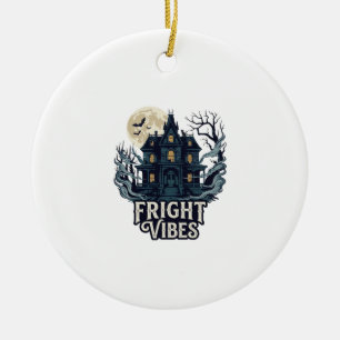 Fright Vibes Haloween Haunted House Full Moon Bats Ceramic Tree Decoration