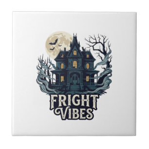 Fright Vibes Haloween Haunted House Full Moon Bats Tile