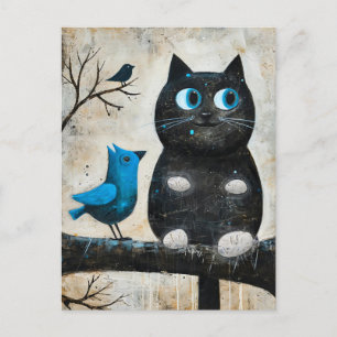 Frightened Black Cat and Blue Bird on Branch Postcard