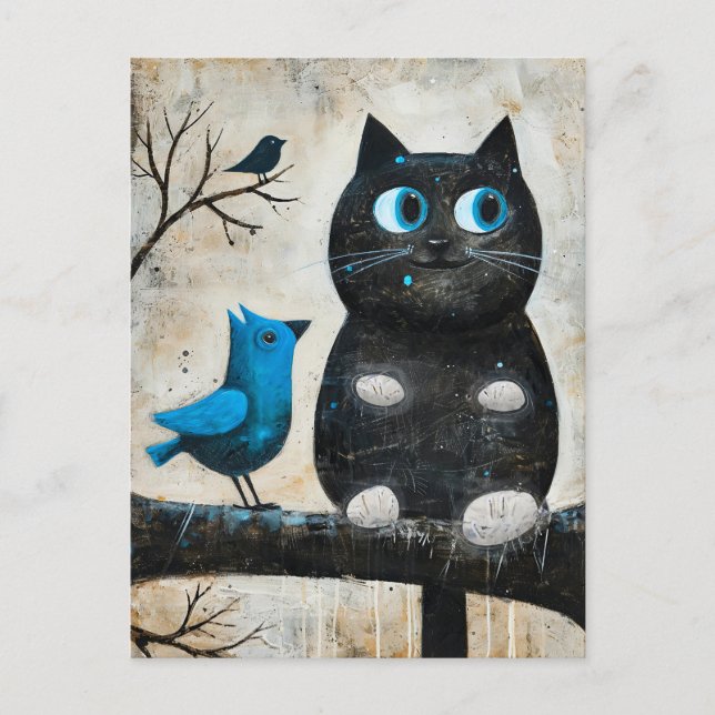 Frightened Black Cat and Blue Bird on Branch Postcard (Front)