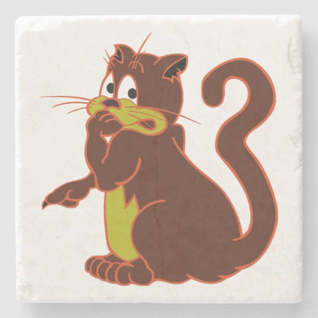 frightened dark BROWN NAUGHTY CAT Stone Coaster (Front)