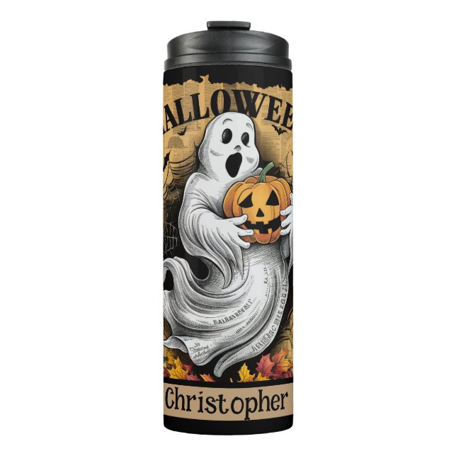 Frightened Ghost Holding a Jack O'Lantern   Thermal Tumbler (Front)