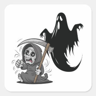 Frightened grim reaper and ghost. square sticker
