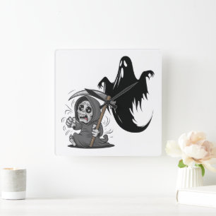 Frightened grim reaper and ghost. square wall clock