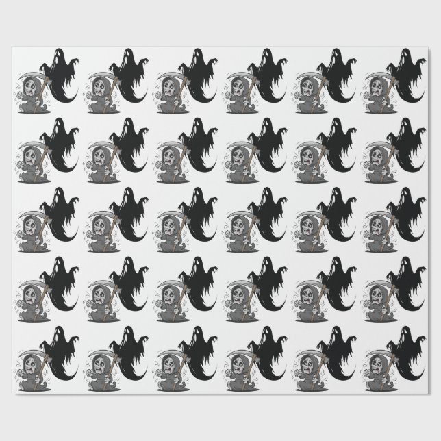 Frightened grim reaper and ghost. wrapping paper (Flat)
