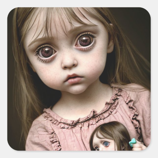 Frightened Little Girl with Creepy Doll Eerie  Square Sticker (Front)