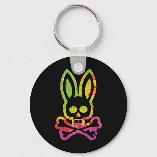 Frightening Bunny Rabbit Face Tie Dye Happy Easter Key Ring (Front)