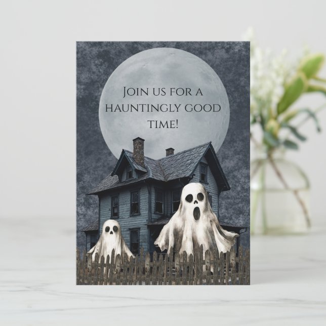Frightening White Ghosts on a Haunted Background Invitation (Standing Front)