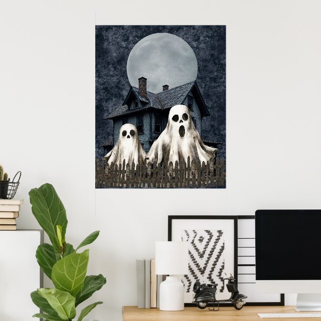 Frightening White Ghosts on a Haunted Background Poster (Home Office)