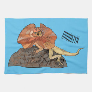 Frilled-neck lizard cartoon illustration tea towel