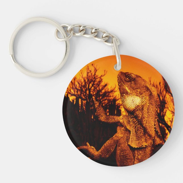Frilled Neck Lizard on Burnt Tree Stump Key Ring (Front)