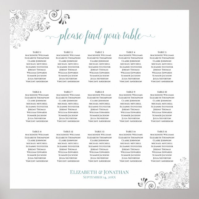 Frilly 15 Table Wedding Seating Chart White & Teal (Front)