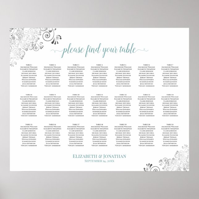 Frilly 21 Table Wedding Seating Chart White & Teal (Front)