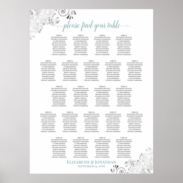 Frilly 22 Table Wedding Seating Chart White & Teal (Front)