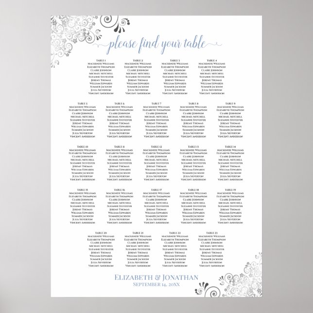 Frilly 23 Table Blue & White Wedding Seating Chart (Front)