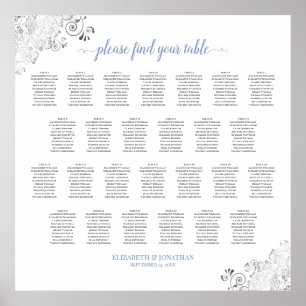 Frilly 26 Table Wedding Seating Chart White & Blue