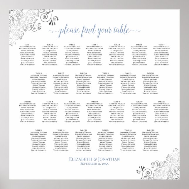 Frilly 26 Table Wedding Seating Chart White & Blue (Front)