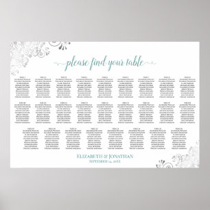 Frilly 26 Table Wedding Seating Chart White & Teal