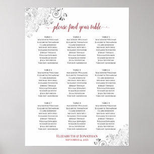 Frilly 9 Table Wedding Seating Chart White & Red