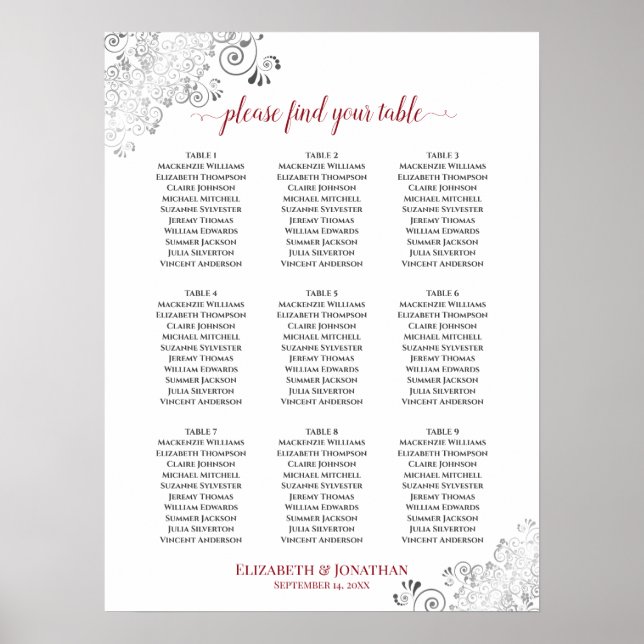 Frilly 9 Table Wedding Seating Chart White & Red (Front)