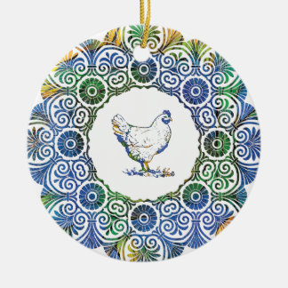 Frilly Chicken in Blue and Green Ceramic Tree Decoration