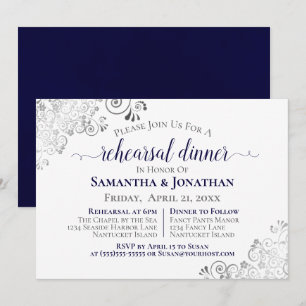 Frilly Elegant Navy Blue Wedding Rehearsal Dinner Invitation