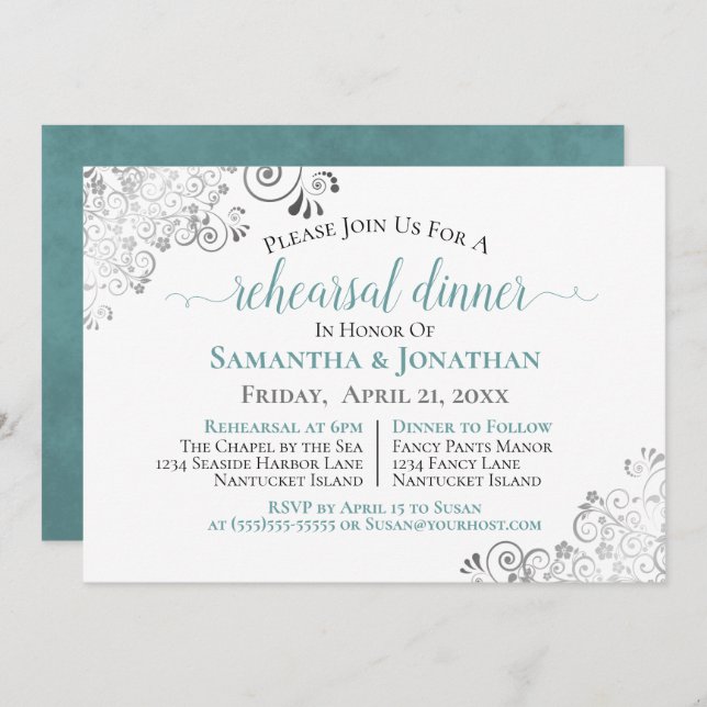 Frilly Elegant Teal Wedding Rehearsal Dinner Invitation (Front/Back)