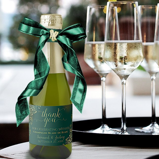 Frilly Gold & Emerald Green Wedding Thank You Mini Sparkling Wine Label (Creator Uploaded)