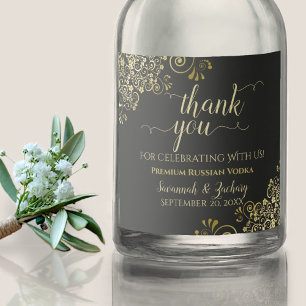 Frilly Gold on Black Wedding Thank You Liquor Bottle Label