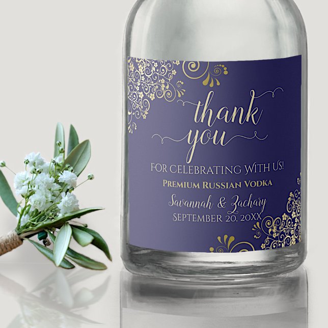 Frilly Gold on Navy Blue Wedding Thank You Liquor Bottle Label (Creator Uploaded)