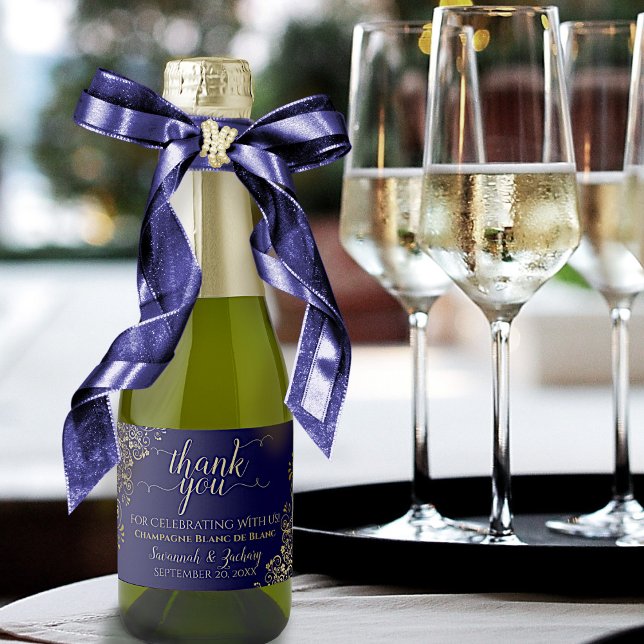 Frilly Gold on Navy Blue Wedding Thank You Mini Sparkling Wine Label (Creator Uploaded)